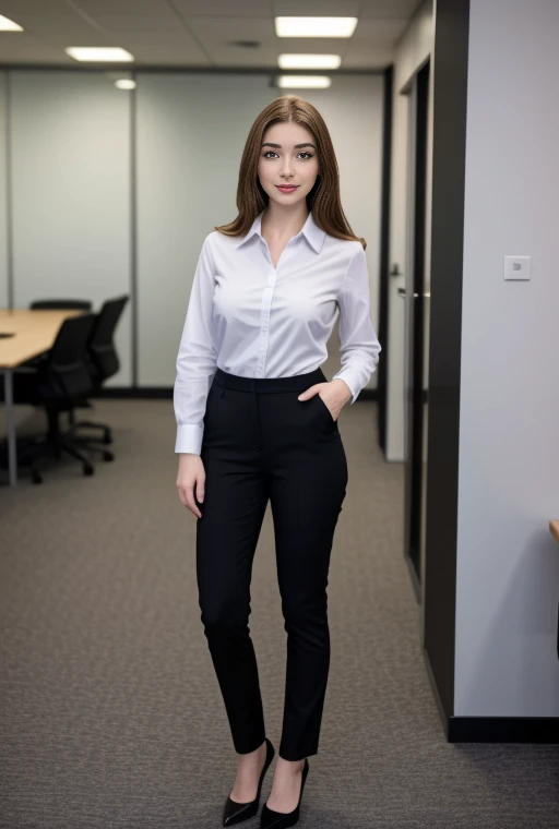 full body shot of business photo of olivia_casta, pants, black attire, big breasts, collared shirt, tucked shirt, <lora:olivia_casta:1>. Professional attire, workplace setting, confident. Whole outfit, clear, sharp, balanced