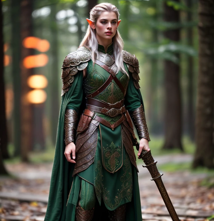 (masterpiece:1.2), (best quality,:1.2), 8k, HDR, ultra detailed, ((photorealistic)), perfect anatomy, professional light, cinematic lighting, fashion photography, ambient lighting,<lora:detail_slider_v4:2>, a female elven warrior, ((full body shot)), wearing intricate (green and brown) armor, breastplate, belt, (holding a sword), bow on the back, headband, embroidered cloak, elar, <lora:ElvenArmor-10:1>, forest background, ((perfect hands)), epiCPhoto