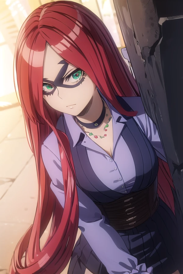 kirukahasaki, <lora:kiruka hasaki movie2-lora-nochekaiser:1>,
kiruka hasaki, long hair, red hair, mask, domino mask, (green eyes:1.3), (forehead:1.2),
BREAK thighhighs, gloves, boots, choker, black footwear, shirt, purple shirt, collared shirt, collarbone, necklace, belt, corset, skirt, long sleeves, cleavage,
BREAK outdoors,
BREAK looking at viewer, (cowboy shot:1.5),
BREAK <lyco:GoodHands-beta2:1>, (masterpiece:1.2), best quality, high resolution, unity 8k wallpaper, (illustration:0.8), (beautiful detailed eyes:1.6), extremely detailed face, perfect lighting, extremely detailed CG, (perfect hands, perfect anatomy),