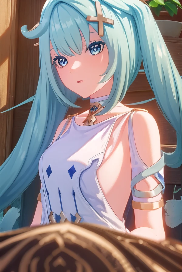 faruzan, <lora:genshin faruzan ingame-lora-nochekaiser:1>,
faruzan, long hair, bangs, hair ornament, twintails, blue hair, ahoge, aqua hair, x hair ornament, cowlick,
BREAK dress, jewelry, white dress, bracelet, shoulder cutout,
BREAK outdoors,
BREAK looking at viewer, (cowboy shot:1.5),
BREAK <lyco:GoodHands-beta2:1>, (masterpiece:1.2), best quality, high resolution, unity 8k wallpaper, (illustration:0.8), (beautiful detailed eyes:1.6), extremely detailed face, perfect lighting, extremely detailed CG, (perfect hands, perfect anatomy),