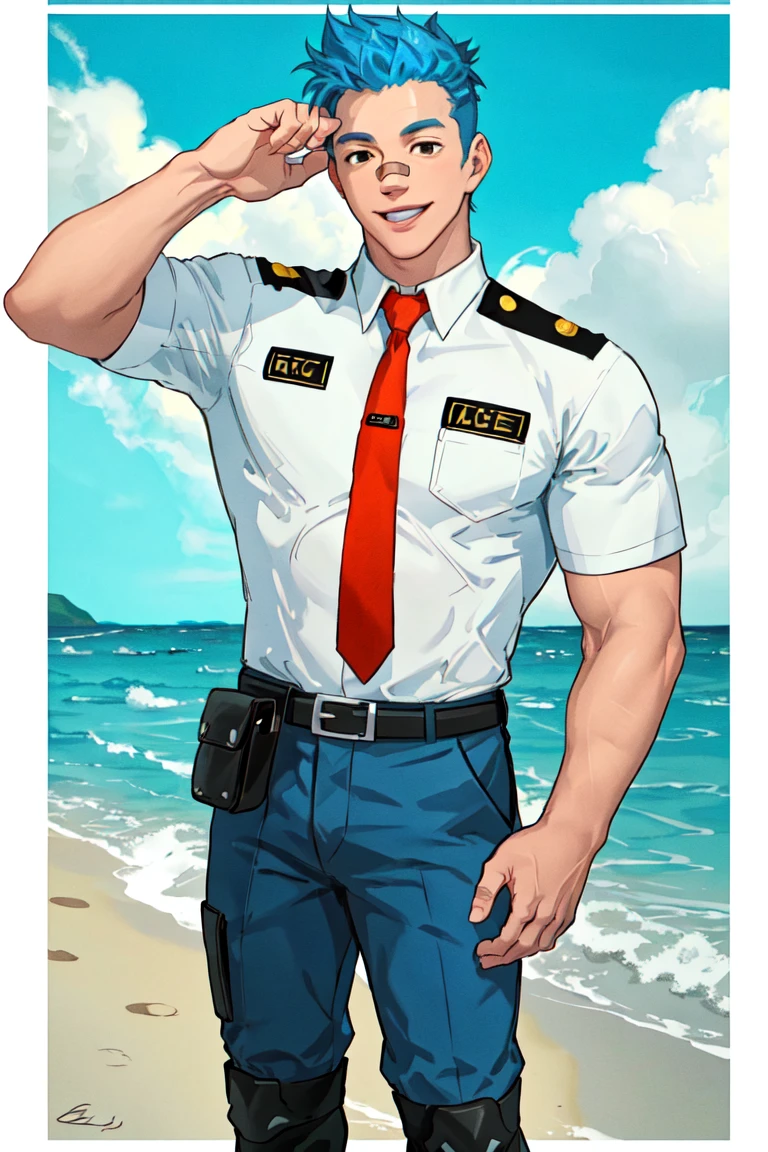 (1 image only),  solo male,  Orville,  Animal Crossing,  personification,  blue hair,  short hair,  black eyes,  aviation pilot uniform,  white collor shirt,  red necktie,  epaulette,  blue pants,  socks,  black footwear,  (bandaid on nose),  mature,  bara,  handsome,  charming,  alluring,  smile,  standing,  upper body,  perfect anatomy,  perfect proportions,  (best quality,  masterpiece),  (perfect eyes,  perfect eye pupil),  perfect hands,  high_resolution,  dutch angle,  cowboy shot,  seaside,  summer,  hand up,  holding mug cup,<lora:EMS-298324-EMS:0.700000>