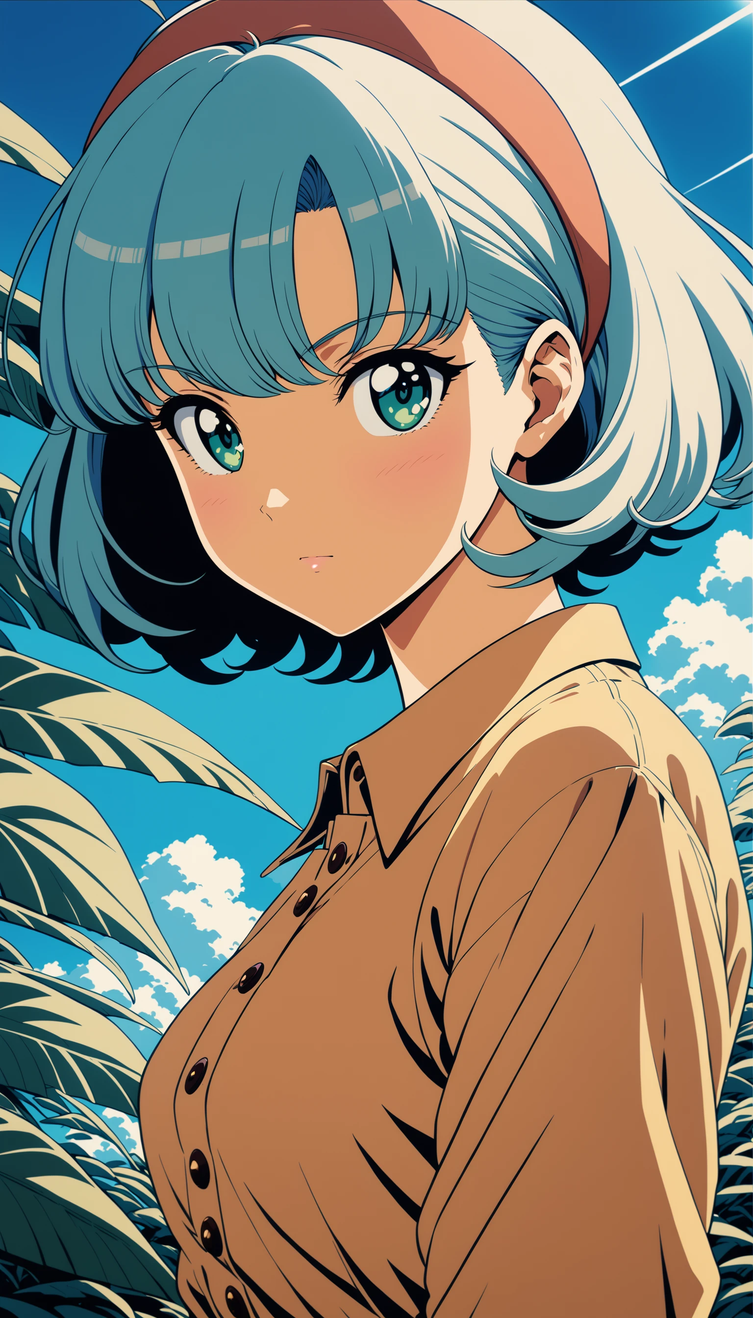 1girl, blue background, buttons, closed mouth, green eyes, hairband, looking at viewer, mj manga, official style, outdoors, plant, retro artstyle, shirt, short hair, sky, upper body, cinematic angle, cinematic lighting, masterpiece, best quality , <lora:MJMangaSDXL:0.8>