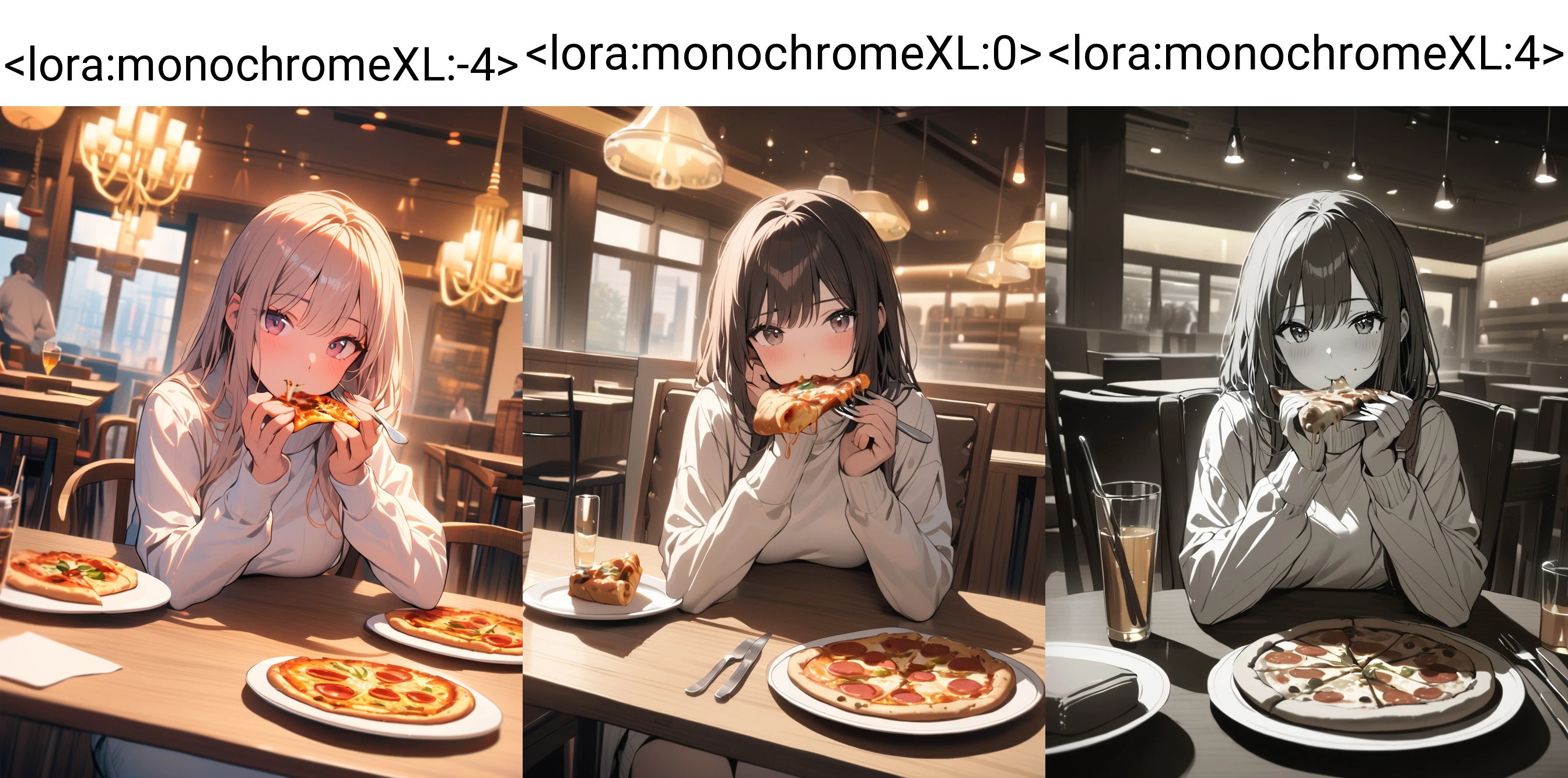 1girl, white shirt, long sleeves, turtleneck, sitting, looking at viewer, eating, pizza, plate, fork, knife, table, chair, table, restaurant, cinematic angle, cinematic lighting, masterpiece, best quality, <lora:monochromeXL:-4>