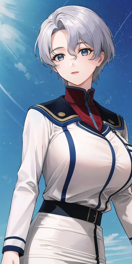 <lora:SallySaintFordV3:0.7> sallysaintford, huge_breasts, standing, solo, Naval_uniform_White_jacket_White_pencil_skirt_miniskirt_Belt_long_sleeves_turtleneck, starry_sky,, masterpiece, best_quality, detailed_face, detailed_eyes, highres, beautiful, detailed,