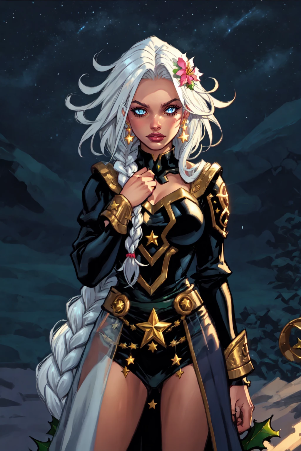 joe madureira style, masterpiece, intricate detail, best quality, 1girl, solo, blue eyes, braid, long hair, hair ornament, earrings, jewelry, star , (symbol), white hair, single braid, flower, looking at viewer, upper body, lips, hair over shoulder, christmas, eyelashes, hair flower, long sleeves, beautiful, sexy, outdoors, fantasy art, <lora:JoeMad_V3-08:0.8>