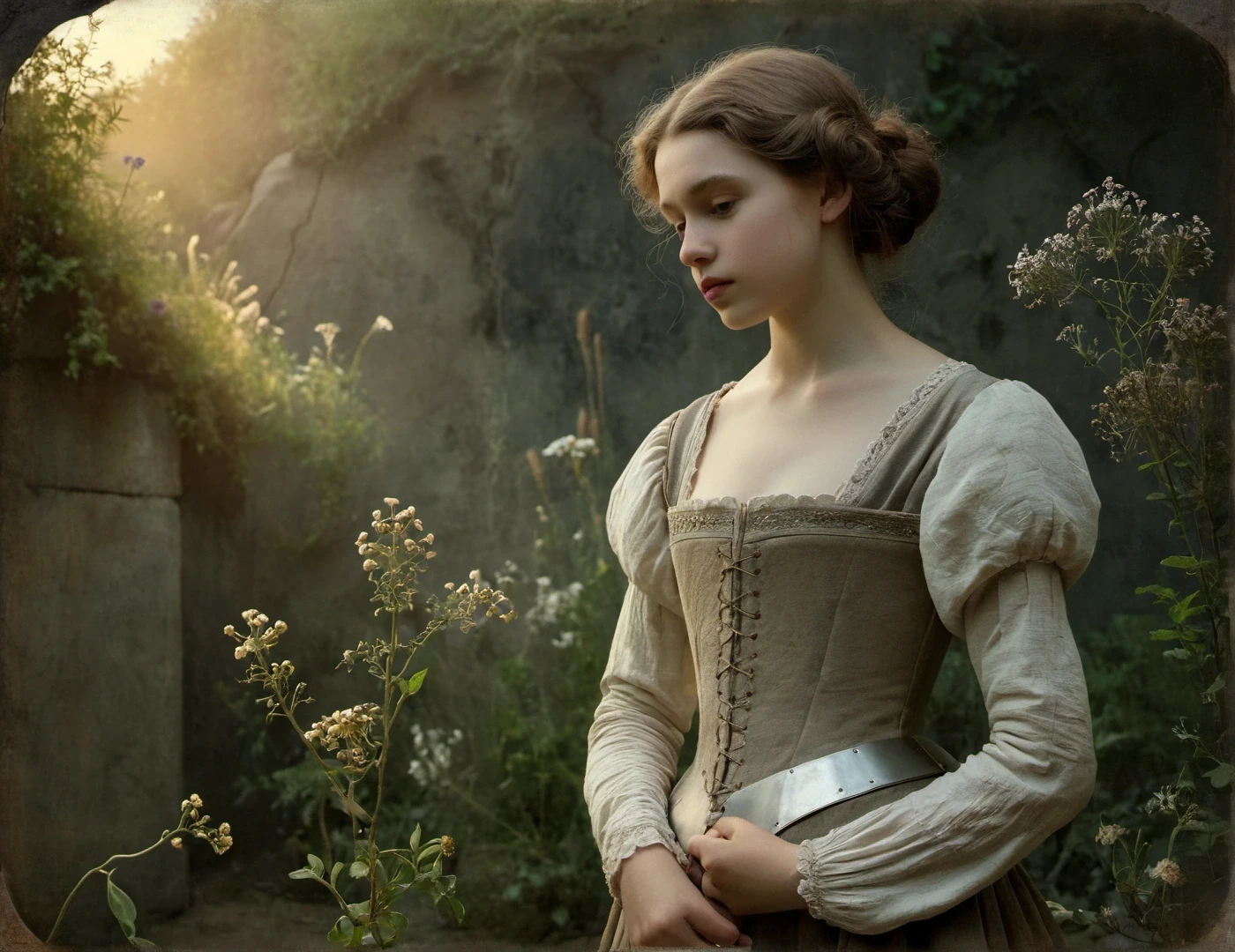 incredibly breathtaking photo characterized by exceptional realism and artistic appeal, (full body, low-key, sharp focus on subject, intricate environment scenery:1.1), sophisticated ([Spanish:Slavic:0.52] 21yo woman:1.15) with (perfect feminine anatomy:1.1) and (natural skin pigment:1.1), Inspiration John Everett, William Holman, Dante Gabriel, portrait of girl (Victorian beauty, pale, fragile), silver armor, intricate background, Leonardo da Vinci style landscape. Ocher tones, wild flowers, wild garden. Side lighting, Rembrandt lighting, immersive and captivating scene, awarded breathtaking masterpiece, (perfect feminine anatomy, perfect proportions, Perfect Hands:1.125), Sweeping cinematic lens flares, ultra crisp details, (f_stop 2.8), (focal_length 85mm f/2.8), flawlessly photographed, analog photo, masterpiece, high quality, physics simulation, (cgsociety, artstation, 8k:0.6), (red-gold-black:0.7)