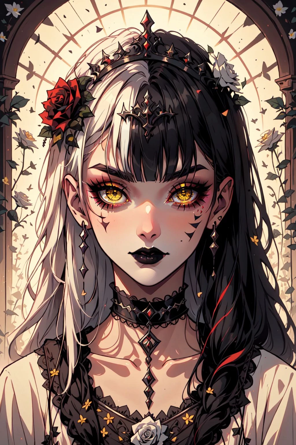 GothlyConcepts, 1girl, solo, long hair, looking at viewer, bangs, black hair, hair ornament, closed mouth, yellow eyes, flower, white hair, multicolored hair, choker, hair flower, blunt bangs, two-tone hair, eyelashes, makeup, rose, facial mark, tiara, lipstick, pale skin, portrait, eyeshadow, straight-on, split-color hair, black flower, gothic, black lips, black rose, masterpiece, best quality , official art , <lora:GothConceptV2:0.8>