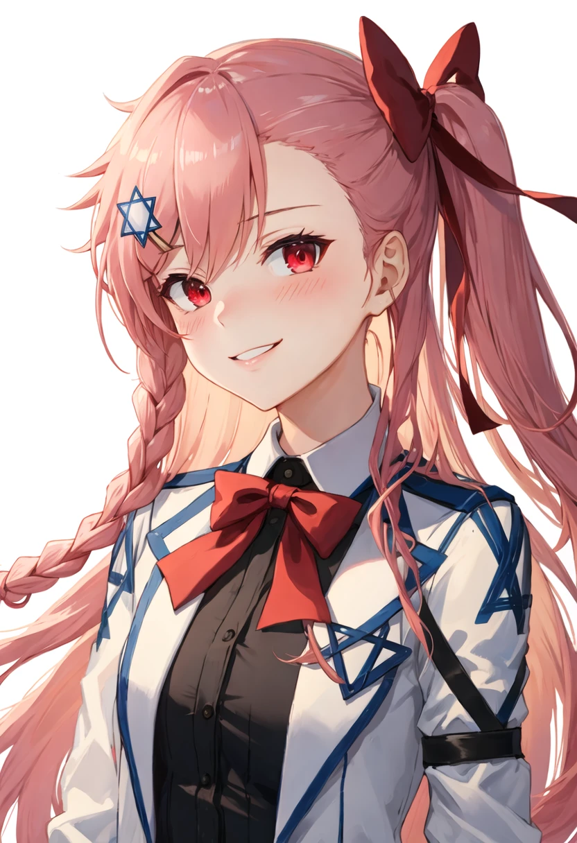 best quality, masterpiece, highres, solo, {negev_girlsfrontline:0.90}, 1girl, shirt, simple_background, smile, star_of_david, upper_body, blush, looking_at_viewer, red_ribbon, white_background, bowtie, closed_mouth, collared_jacket