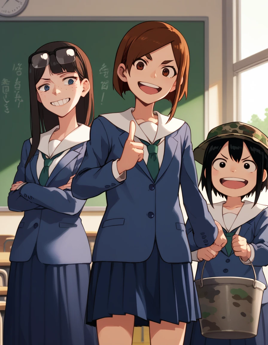 score_9, score_8, score_7, source_anime,
<lora:eizouken-ponyxl-000020:0.3>
3girls, multiple girls, serafuku, classroom, excited
BREAK
kanamori, freckles, eyewear on head, serafuku, long skirt, tall female
BREAK
tsubame, serafuku, pleated skirt
BREAK
amidori, black eyes, serafuku, pleated skirt, bucket hat, camouflage headwear