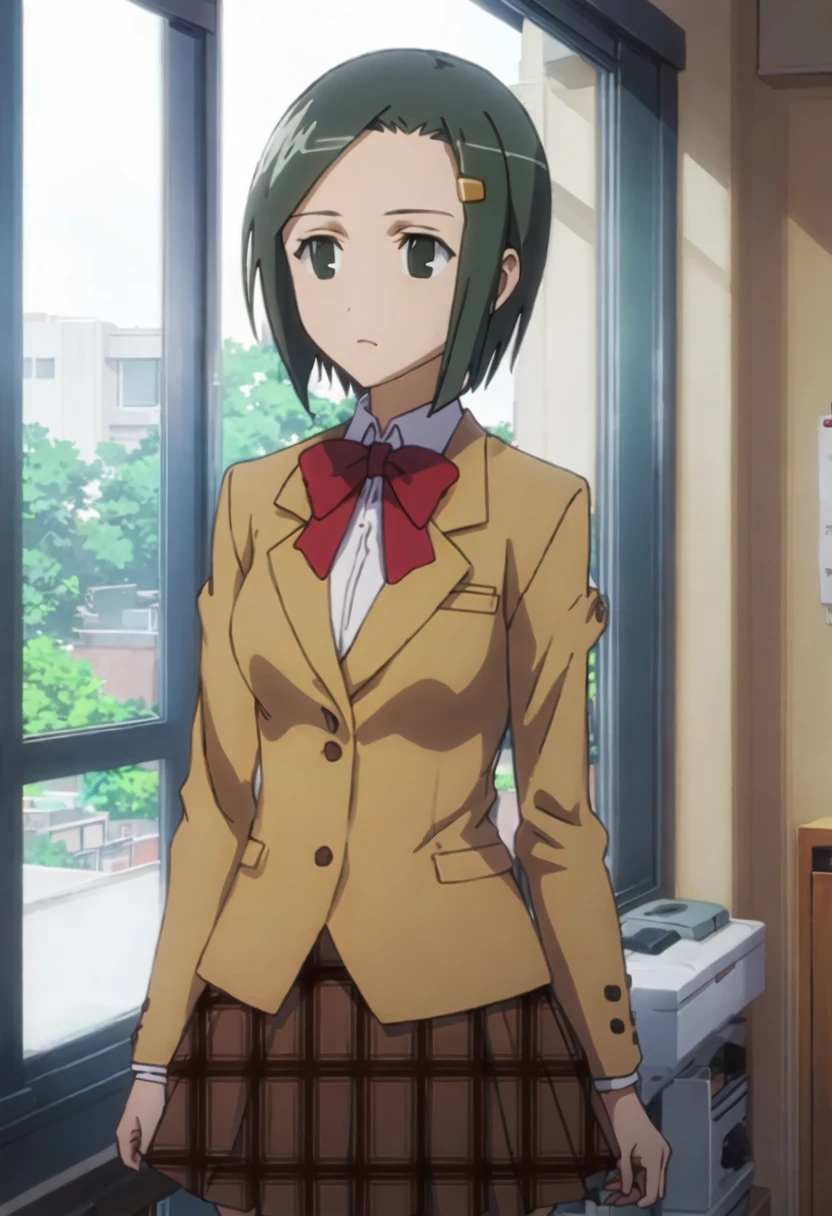 best quality, masterpiece, highres, solo, {hata_ranko_seitokaiyakuindomo:0.90}, 1girl, plaid_skirt, school_uniform, blazer, black_eyes