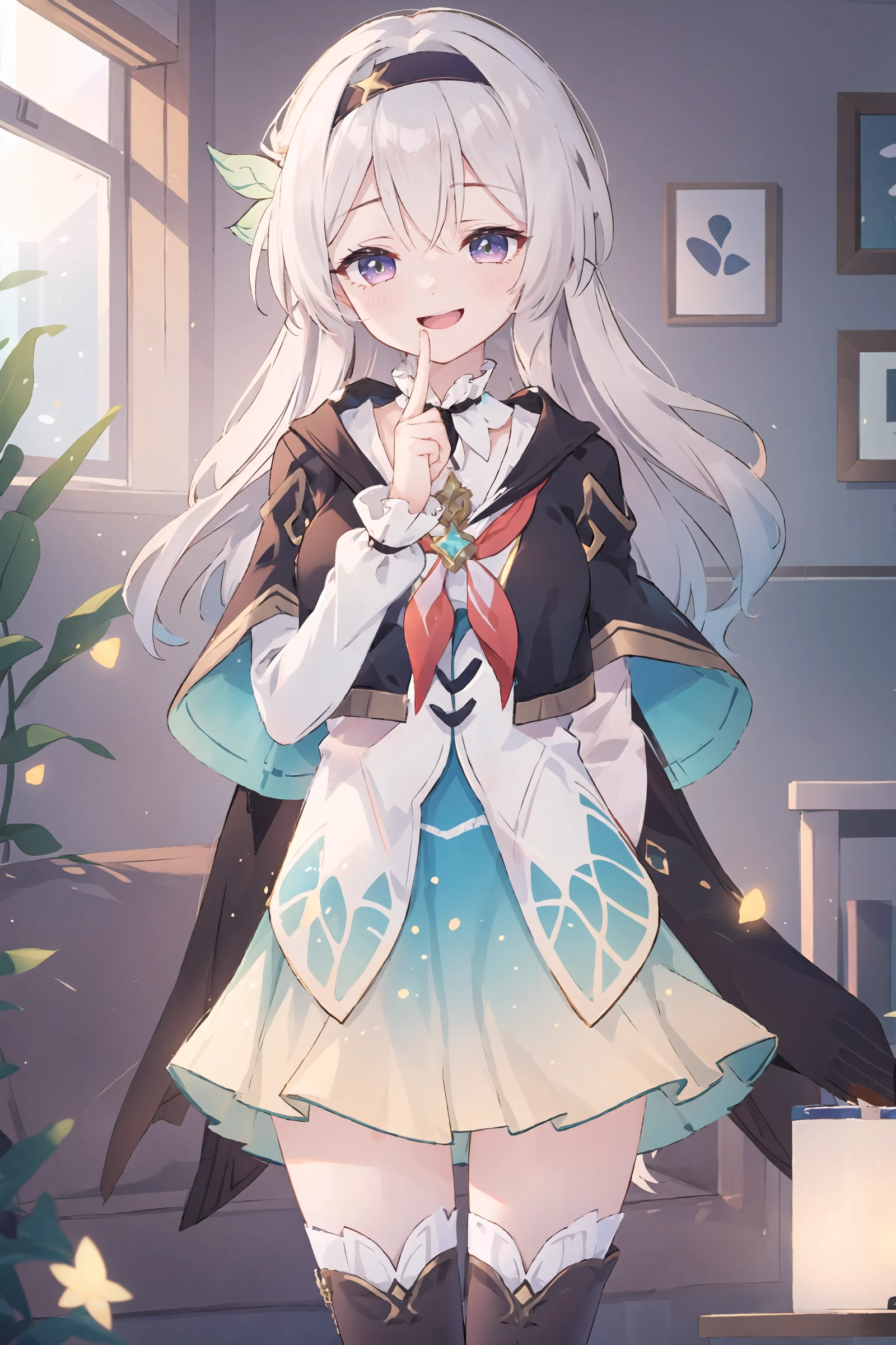 1girl, firefly \(honkai: star rail\), solo, black thighhighs, hairband, gradient skirt, hair ornament, blouse, cropped jacket, yellow neckerchief, standing, <lora:face-sensualface_type2:0.8>, gasping, smile, ecstasy, finger to mouth, arm behind back, living room, masterpiece
