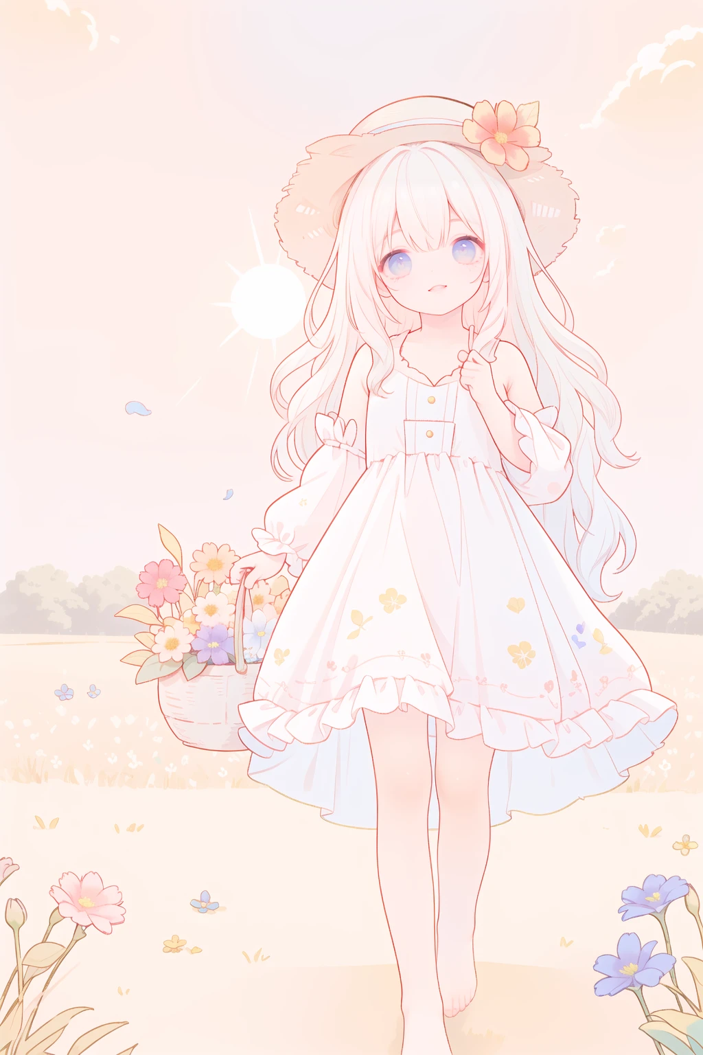 (long wavy hair:1.4),(kind eyes:1.3),( button nose:1.2),
(freckles:1.1),(sweet smile:1),
(white summer dress:1.4),(floral print:1.3),(ruffled sleeves:1.2),(straaw hat:1.1),
(carrying a basket:1),
(walking through a field of wildflowers:1.4),(head tilted up to feel the warmth of the sun:1.3),
(barefooted:1.2),( bouquet of picked flowers in hand:1.1),
(butterflies fluttering around:0.9),(hummingbird:0.8),(dandelion seeds drifting on the breeze:0.7),
(golden hour lighting:1.4),(dreamy glow:1.3),(lens flare:1.2),(shallow depth of field:1.1),
(sense of innocence:1.5),(wonder:1.4),(joy:1.3),(peace:1.2),
[realistic rendering:[whimsical stylized rendering:0.4 ]],
portrait:[full body:0.6],
pale skin:[tan skin:0.5],
straight hair:[wavy hair:0.5],
(english countryside:1.3),(storybook illustration:1.2),( pastoral scene:1.1),
(celebrating the simple pleasures in life:1.4),( stopping to smell the flowers:1.3),