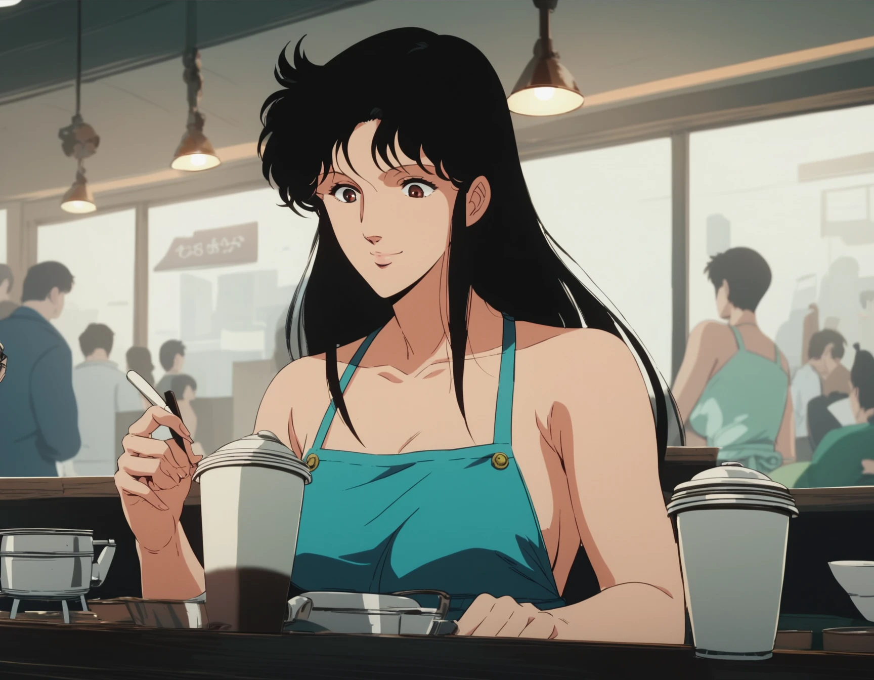 <lora:hitomi_ponybase_1-1-000008:1>, 1girl, fh1to, apron, making coffee, smiling, looking down, in a cafe, BREAK score_9, score_8_up, score_7_up, score_6_up, score_5_up, score_4_up, source_anime, cinematic angle,official anime screencap