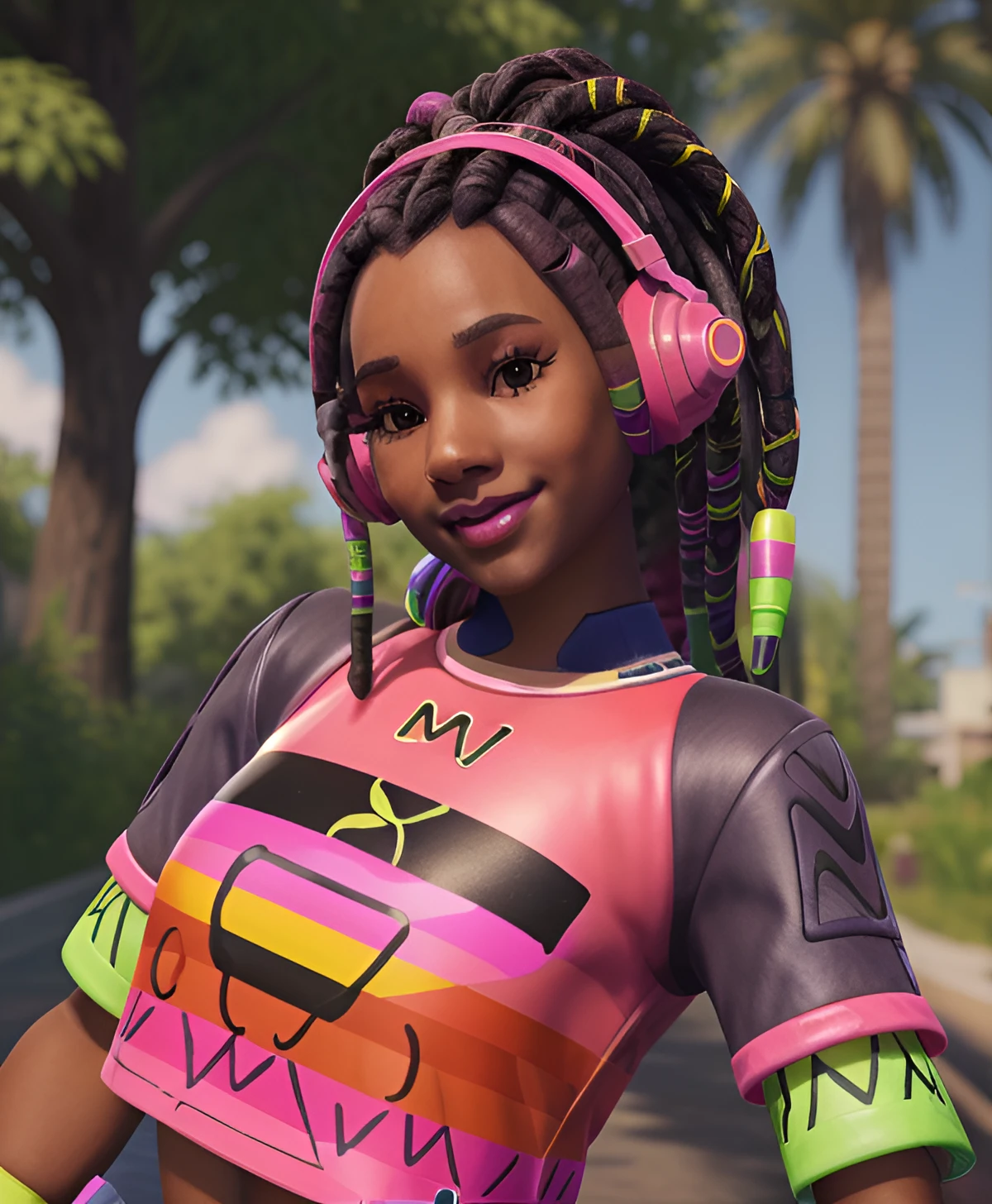 Young african goddess girl, a closeup of a cartoon character wearing a light purple hat and scarf, (heterochromia eyes), stylized character, animation character, stylized 3d render, 3d character, highly detailed character, stylized anime, stylized 3d, render character, character model, 3 view frames
