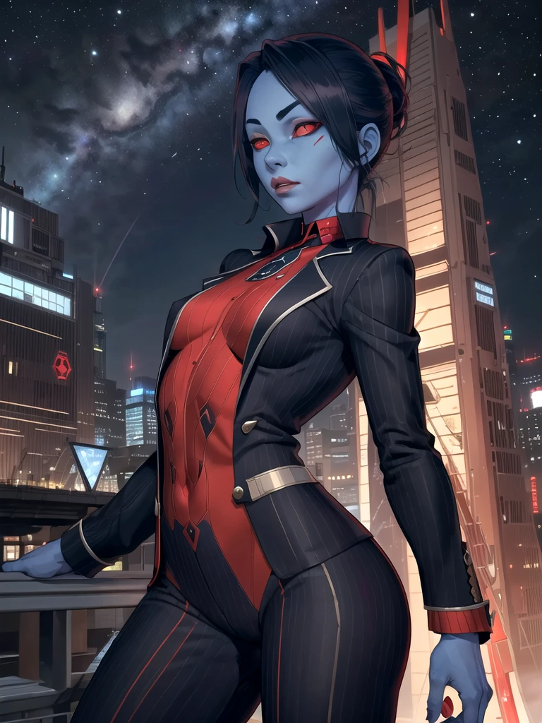 masterpiece, <lora:Tiali:0.7>, (tiali: 1.4), 1girl, tall, blue skin, (middle age: 1.2), (small breasts: 1.3), wrinkled skin, woman, (red eyes: 1.5), (red sclera: 1.5), no pupils, dark blue hair, (pinstripe suit: 1.1), highly detailed, 1 / 2 body shot, thin build, spaceport, <lora:chiss:0.3> chissf, colored sclera