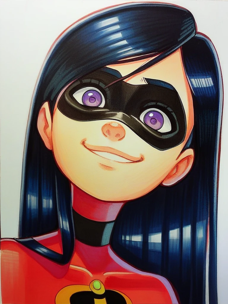a young lady, red costume, red mask, dark blue hair, <lora:ladybug:0.65>, white backgroung, <lora:anime_minimalist_v1-000020:0.95>