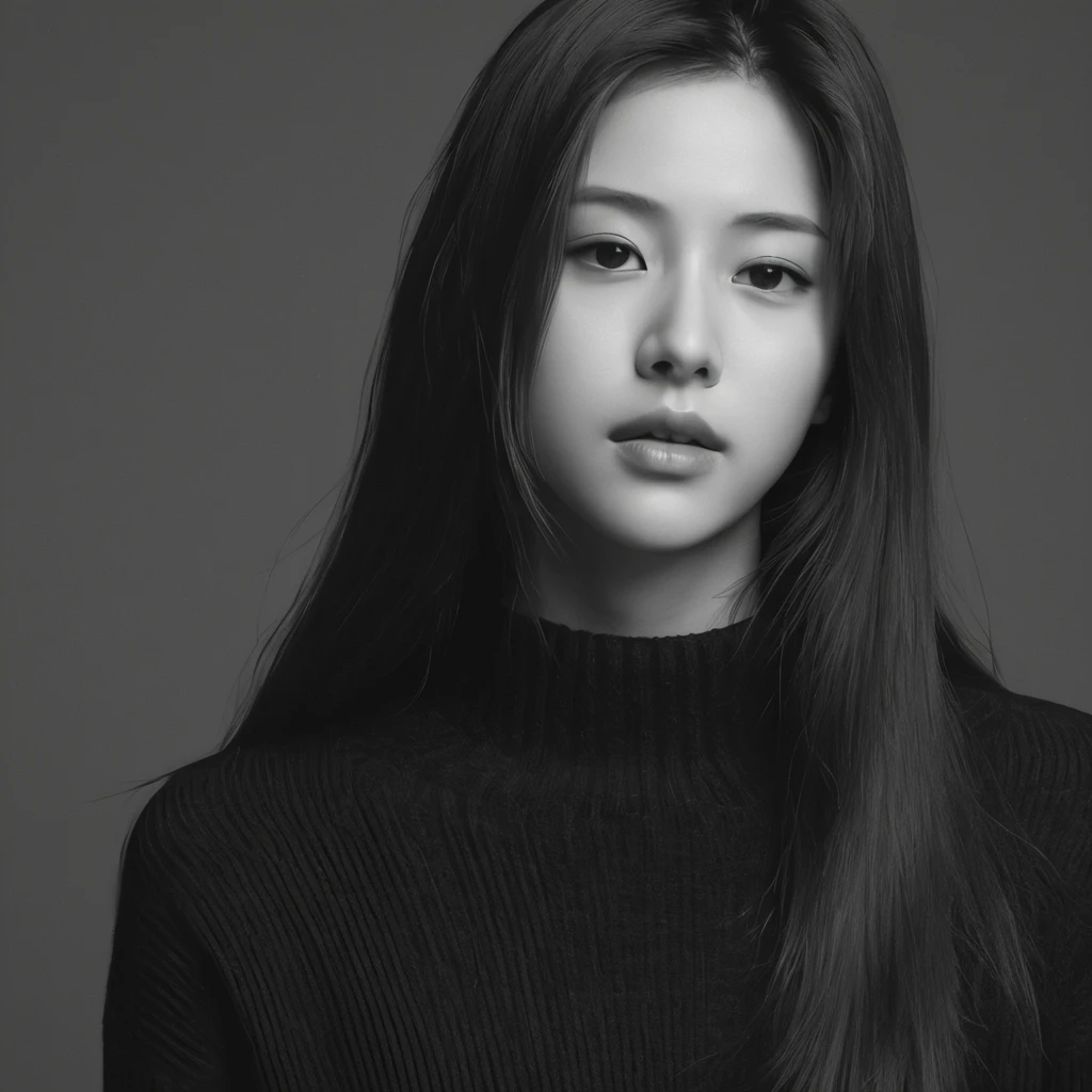 1girl,greyscale,solo,long hair,realistic,upper body,nose,lips,closed mouth,sweater,simple background,<lora:girl-000004:0.6>,
