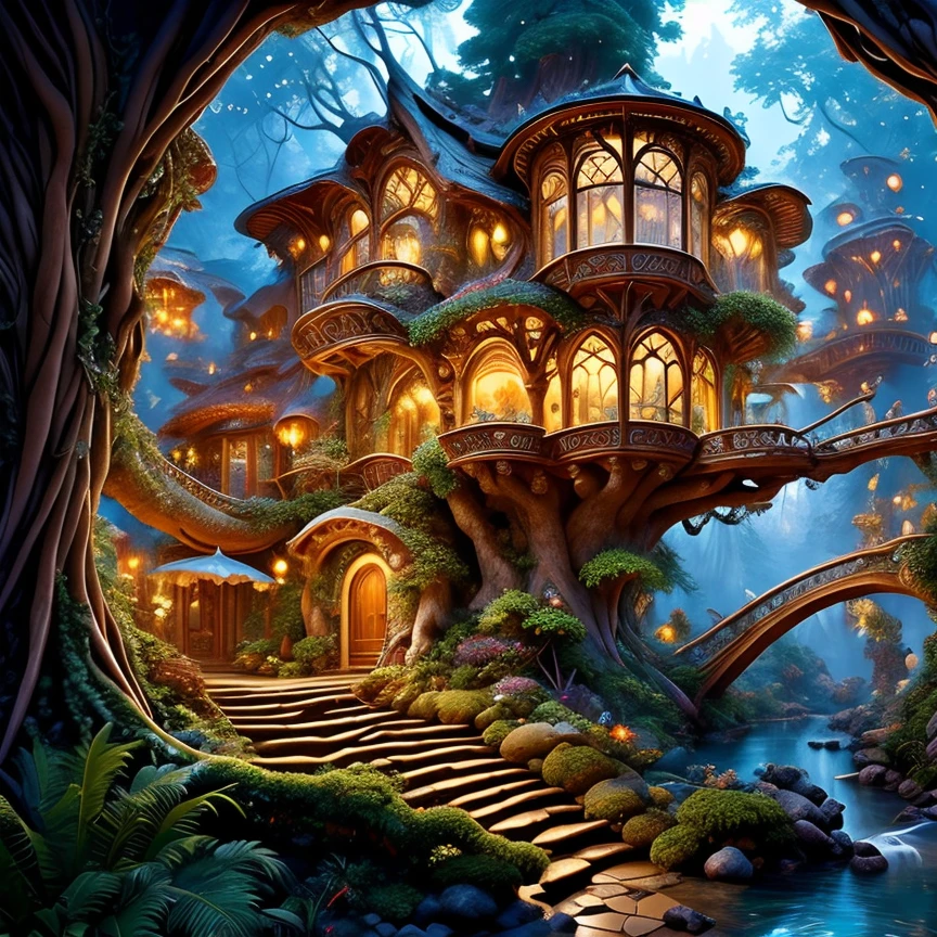 (masterpiece:1.2), (best quality,:1.2), 8k, HDR, ultra detailed, ((photorealistic)), professional light, cinematic lighting, fashion photography, ambient lighting, atmospheric effects, <lora:detail_slider_v4:3>, OverallDetail, a highly detailed WoodElf fantasy settlement, many high trees with small! tree houses, connected by bridges, waterfall, forest, walls, <lora:WoodElf-10:1>, epiCPhoto, style-sylvamagic
