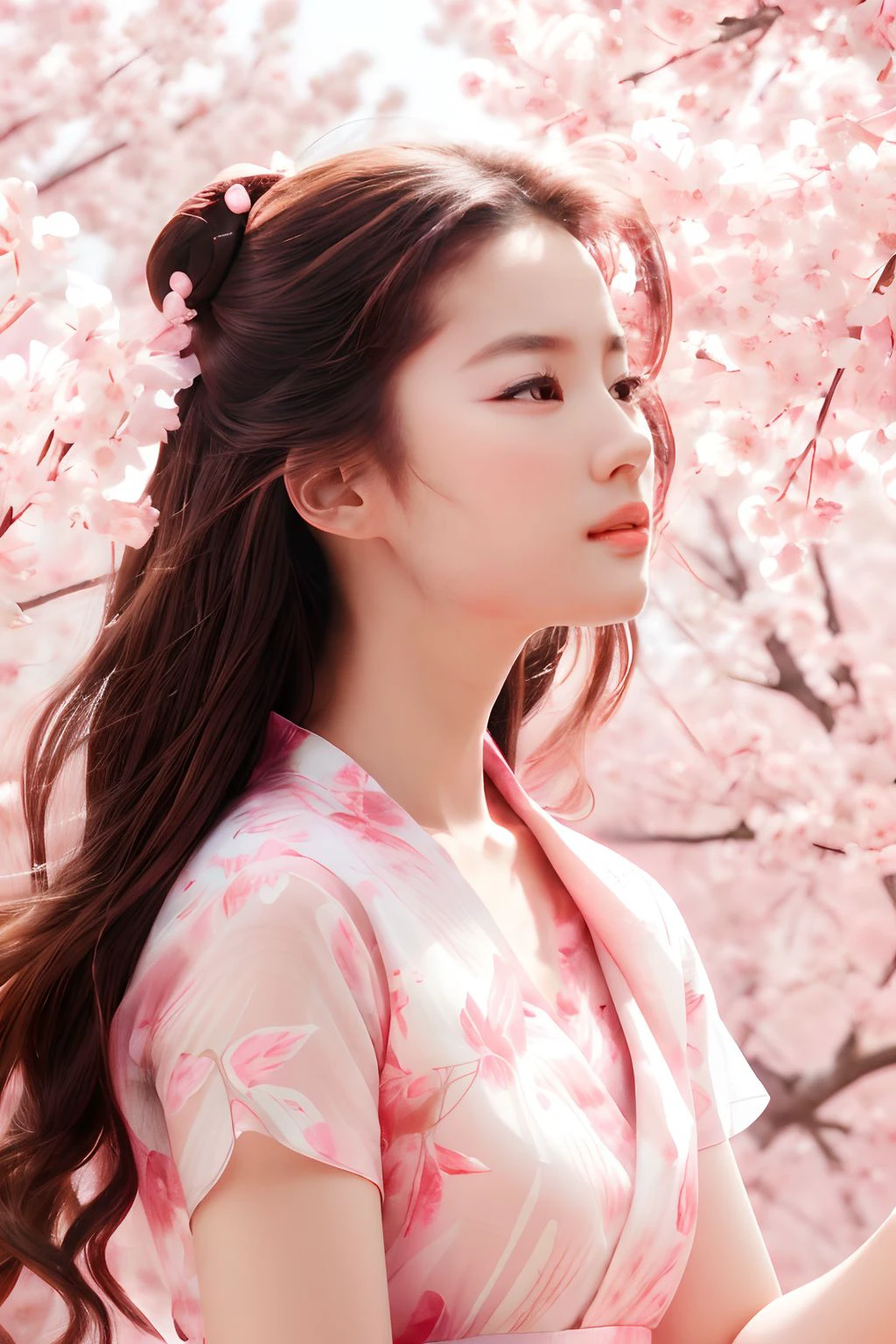liuyifei ,<lora:liuyifei_dragon_mjl_1-000015:0.6>,sexy,high res, masterpiece, unity 4k wallpaper, beautiful,Light brown hair, pink eyes, pink and white, sakura leafs, vivid colors, white dress, paint splash, simple background, ray tracing, wavy hair