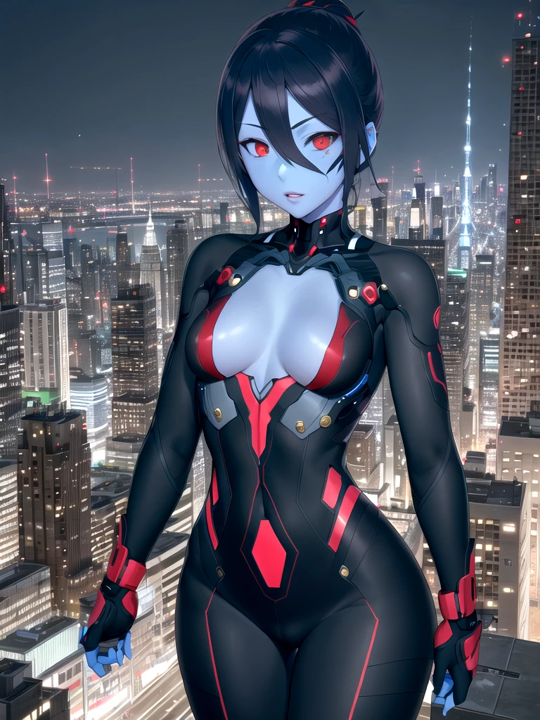 Masterpiece, <lora:Tiali:0.7>, (Tiali:1.3), 1girl, tall, blue skin, (middle age:1.2), wrinkled skin, woman, (red eyes:1.3), (red sclera:1.3), no pupils, dark blue hair, business suit, highly detailed, 1 / 2 body shot, thin build, (small breasts:1.3), futuristic city