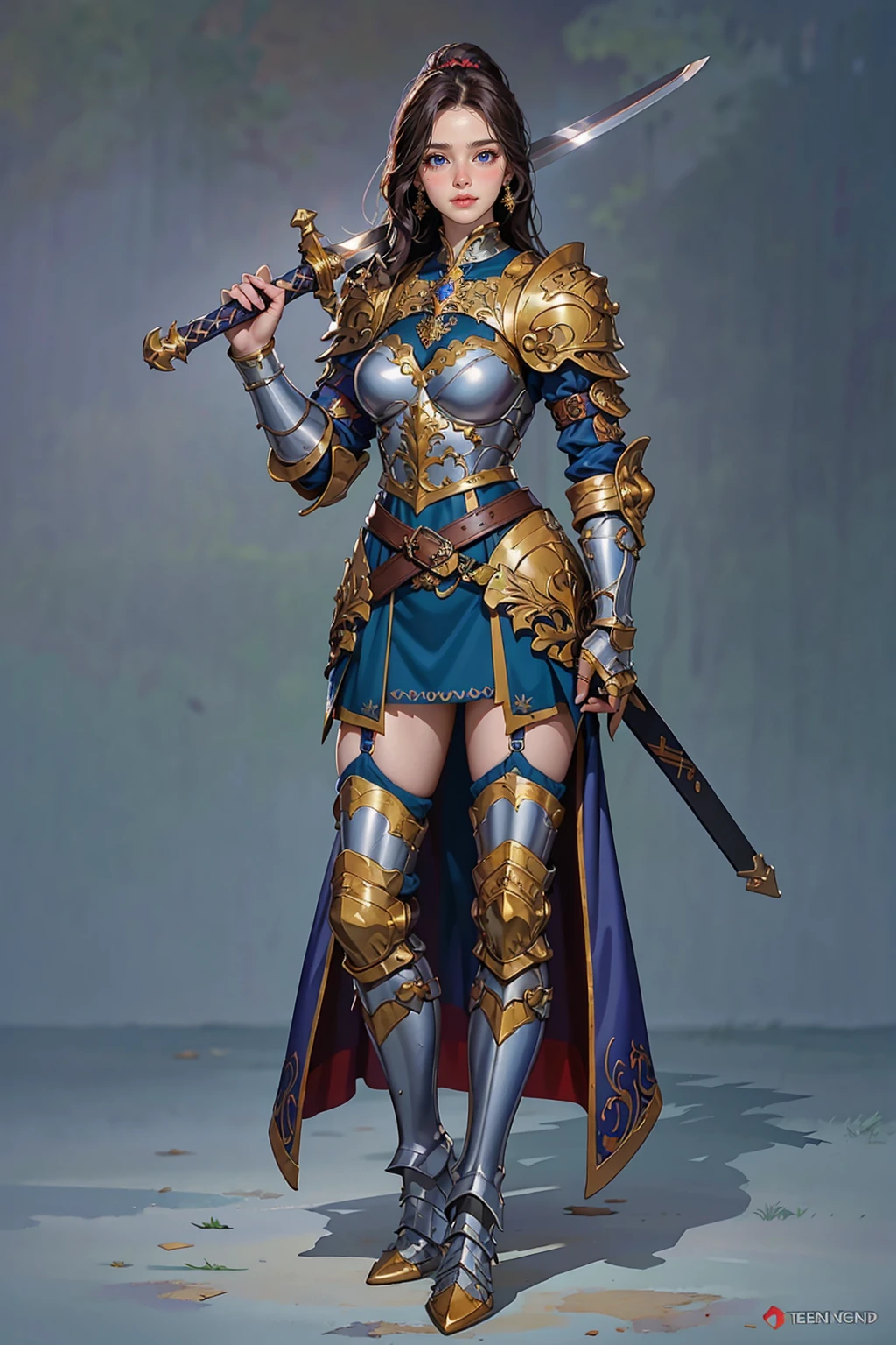 (masterpiece:1.2, best quality), (photorealistic:1.2, intricate details:1.2), Over_shoulder, 1girl, solo, (full body), sword, holding sword, sword over shoulder, armor, shoulder armor, pauldrons, armored boots, vambrace, greaves, seductive smile, blush, (gothic castle), outdoor <lora:Over_shoulder:0.6>