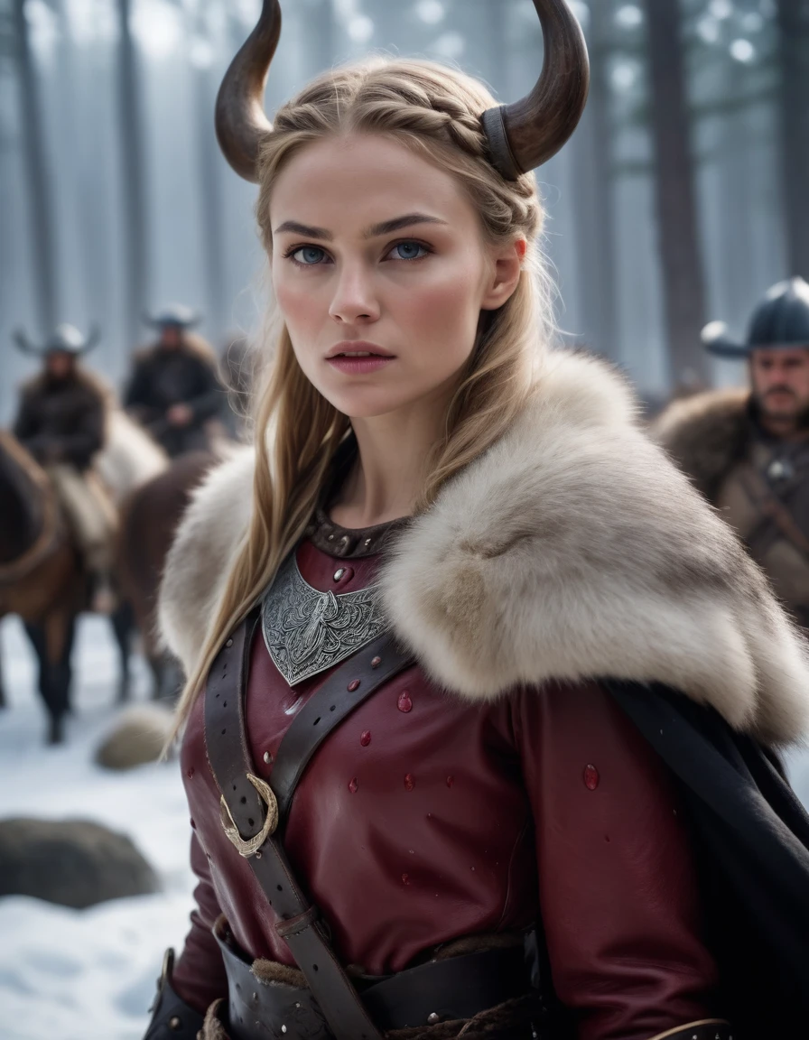 cinematic film still Capture the indomitable spirit of a beautiful Viking Age princess warrior, cowboy shot, standing triumphantly amidst the chaos of a brutal skirmish, wearing luxurious furs and distressed leathers, she embodies sophisticated savagery, crimson droplets of blood from the skirmish adorn her countenance, employing a low camera angle to emphasize the magnitude of her stature and authority, effectively positioning her as a titan above mere mortals, merging reality with fantasy, this provocative tableau challenges conventional notions of beauty, inspiring reflection on what it means to be strong, commanding, and utterly bewitching, style of Nick Knight, style of Igor Morski, style of Wlop, . shallow depth of field, vignette, highly detailed, high budget, bokeh, cinemascope, moody, epic, gorgeous, film grain, grainy,