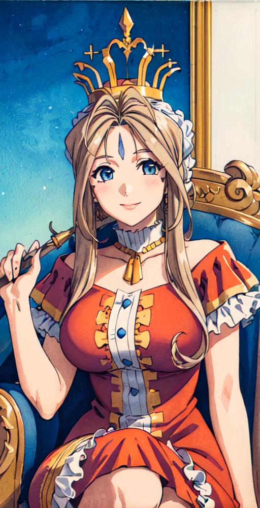 BelldandyV2, 1girl, solo, smile, painting, watercolors, sitting on royal chair, portrait, ((large golden crown on head)), ((red royal frill dress with white trim)), perfect quality, good quality, masterpiece, HDR, UHD <lora:Belldandy V2-000004:0.6>