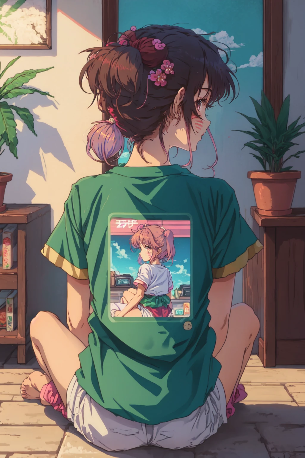 <lora:RetrowaveAnimeStyle-10:0.5> 1girl,  bangs, black hair, brown hair, cowboy shot, facial mark, facing away, game console, hair ornament, indian style, jewelry, looking at viewer, male child, on floor, photo (object), pink hair, potted plant, profile, retrowaveanime style, shirt, short hair, short sleeves, sitting, solo, standing, twintails, upper body, white shorts