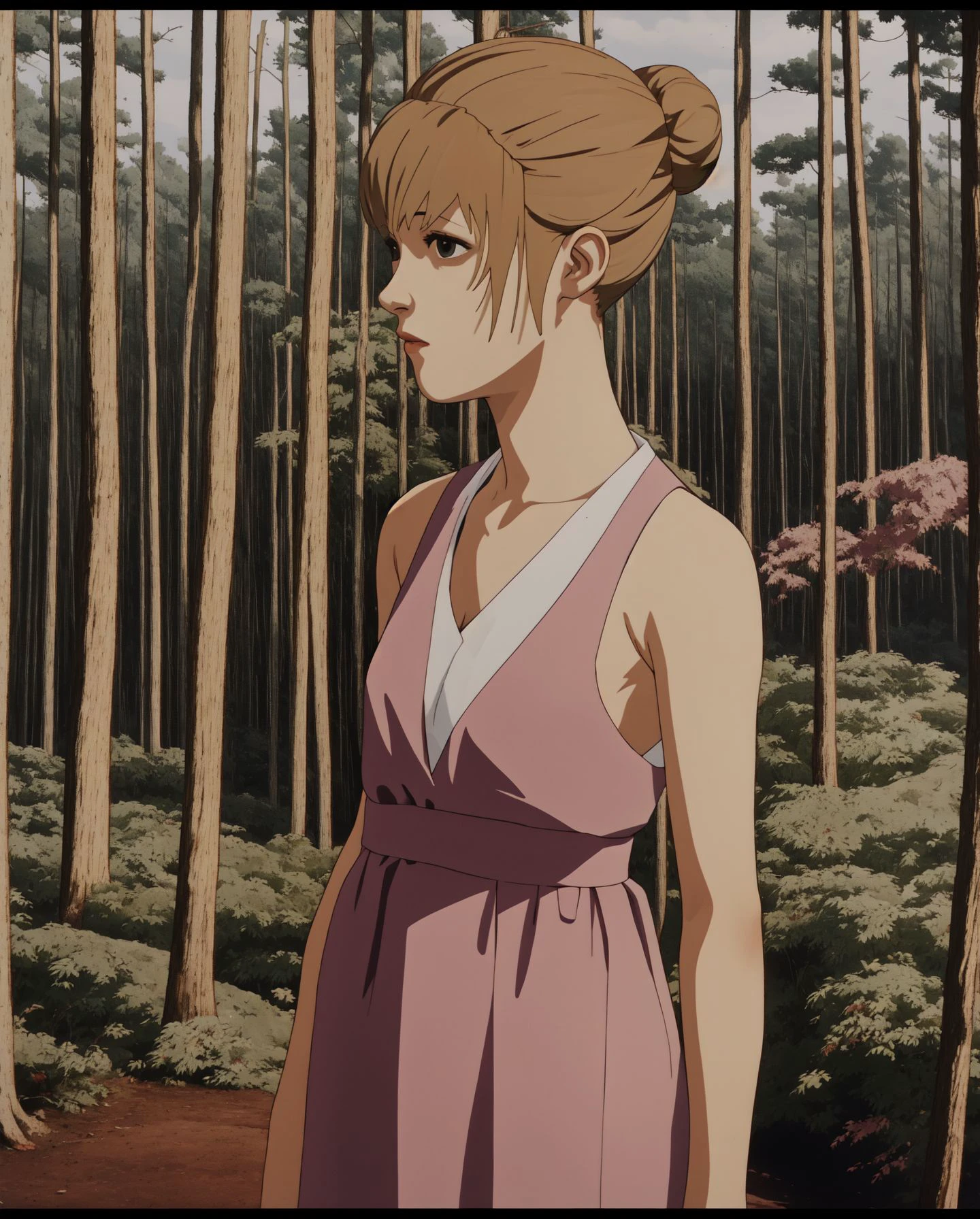 (highres, best quality:1.3), <lora:hand:0.1>, <lora:kat3LIS:0.6> kat3LIS, dirty blonde hair, hair bun, hazel eyes, slender, plum-colored dress, northern forest, <lora:satoshi_kon_art_style_v1_2:1.0> satosh kon art style