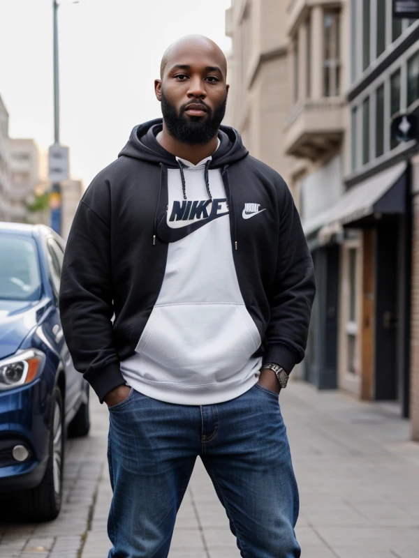 bald black man with a beard, black eyes, wears a hoodie, jeans, nike sneakers, in a very urban city, standing, posing, perfect face, perfect body, ultra-detailed face, ultra-detailed eyes, looking at viewver <lora:add_detail:0.5> <lora:Lukaku:0.6>