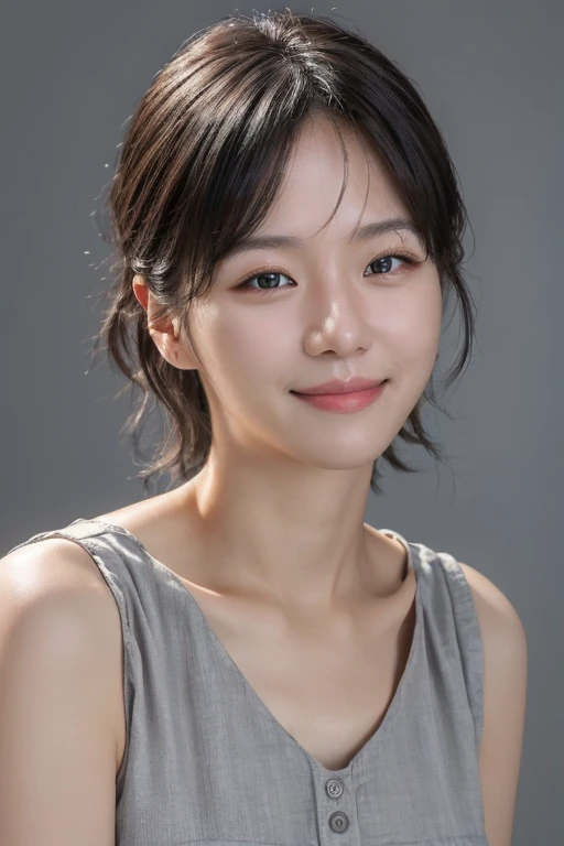 masterpiece, best quality, ultra-detailed, ultra high res, (photorealistic:1.4), raw photo, (realistic:0.2), 8k HDR, 1girl, solo, (looking at viewer), smile, realistic lighting, asymmetrical hair, (detailed skin), (detailed face), (simple gray background :1.1), (upper body:1.5), simple dress, sleeveless,