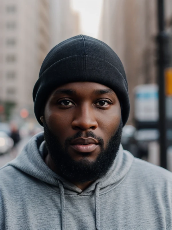 bald black man with a beard, black eyes, wears a hoodie, jeans, nike sneakers, in a very urban city, standing, posing, perfect face, perfect body,  ultra-detailed face, ultra-detailed eyes, looking at viewver  <lora:add_detail:0.5> <lora:Lukaku:0.6>