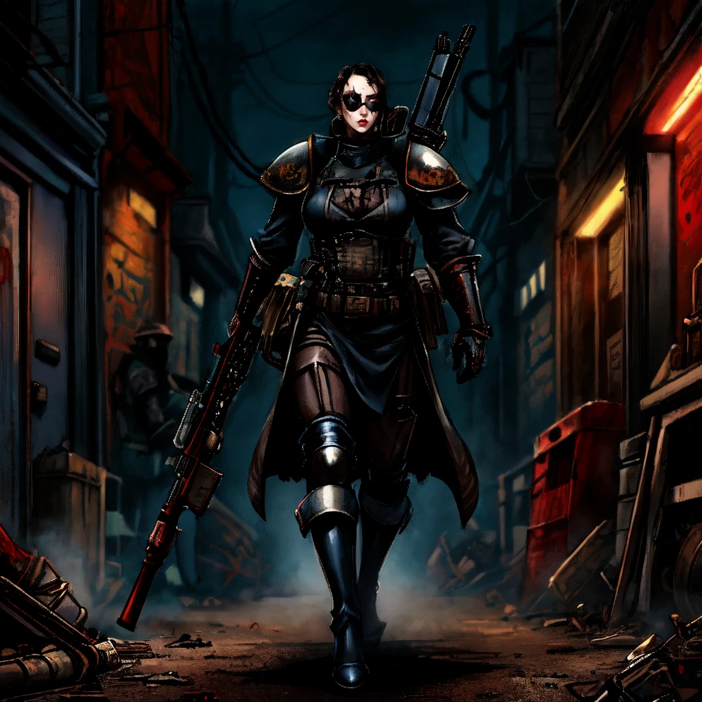 nqstrman, solo, armor, weapon, holding weapon, 1girl, mask, rifle, uniform, military, high heel boots, handgun, eyepatch, pulp_comic, heavy_lines, hand_drawn, hand_inked, hand_colored, perfect_face, grimdark, dark_fantasy, red_glow, metal_walls, dirty_alleyway, underhive,
