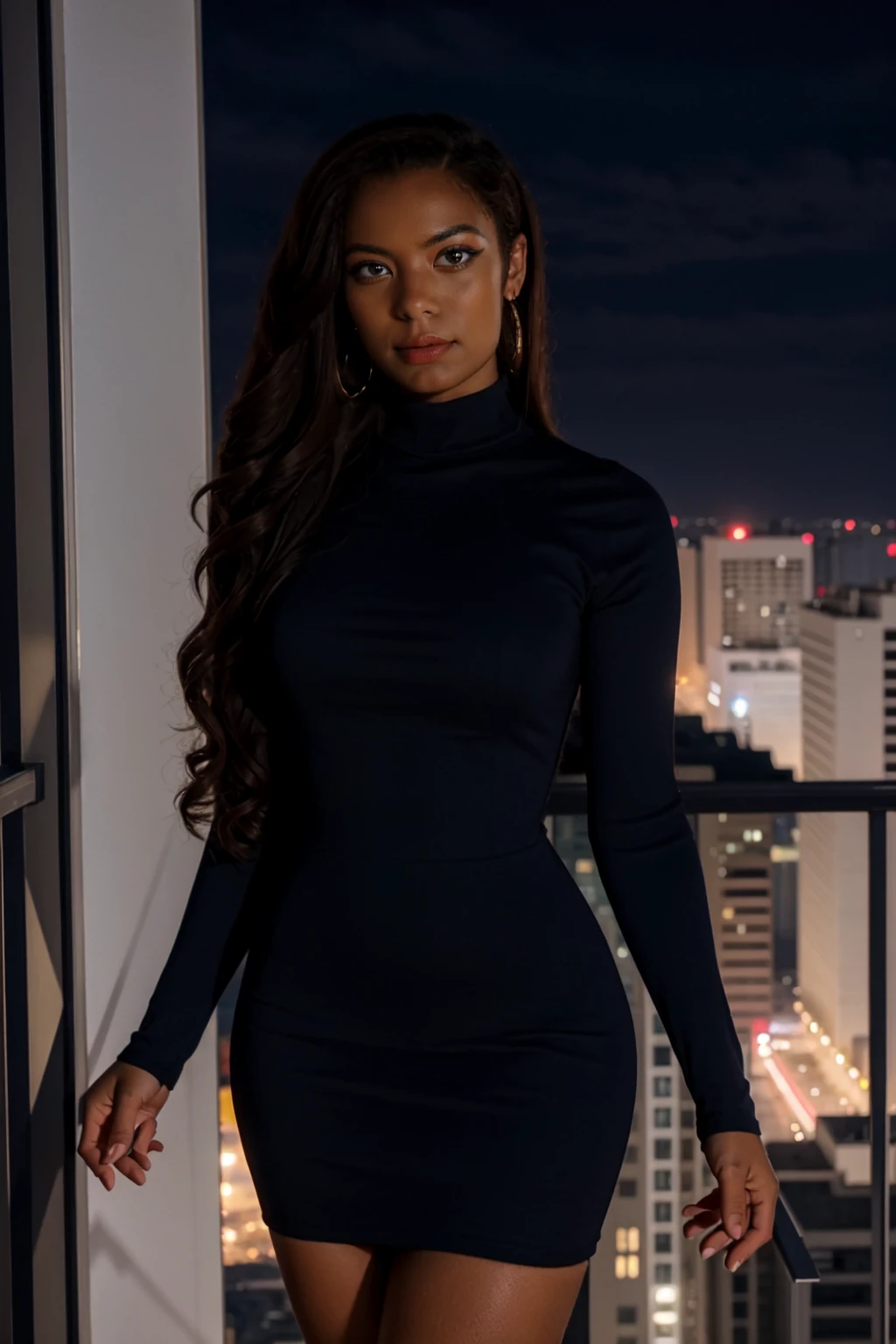 <lora:mondongo_LoRA_JazSinclair_v2:1> mndngwmn, wearing a turtleneck bodycon dress, on a balcony at night with city on background, (ultra realistic, 8k,high quality)