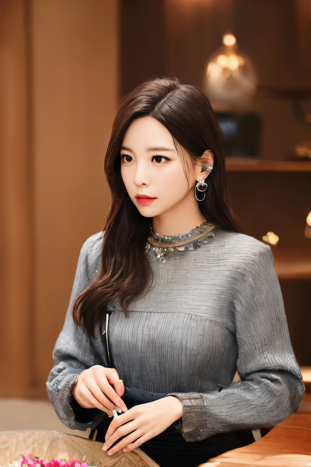 yww,best quality,masterpiece,realistic,earrings,holding,holding instrument,jewelry,long sleeves,sitting,upper body,<lora:YWW-000008:0.6>,