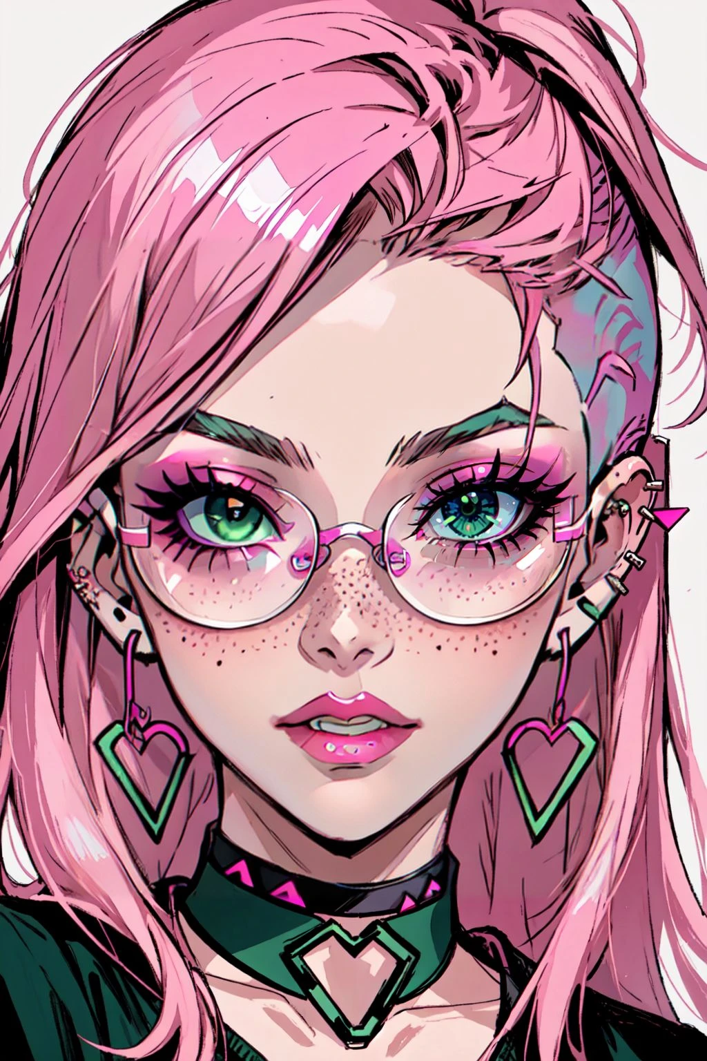 GothlyConcepts, 1girl, solo, long hair, looking at viewer, jewelry, green eyes, pink hair, earrings, parted lips, glasses, teeth, choker, lips, eyelashes, makeup, piercing, lipstick, portrait, eyeshadow, headset, freckles, nose, round eyewear, undercut, tinted eyewear, rimless eyewear, mascara, masterpiece, best quality , official art ,  <lora:GothConceptV2:0.8>