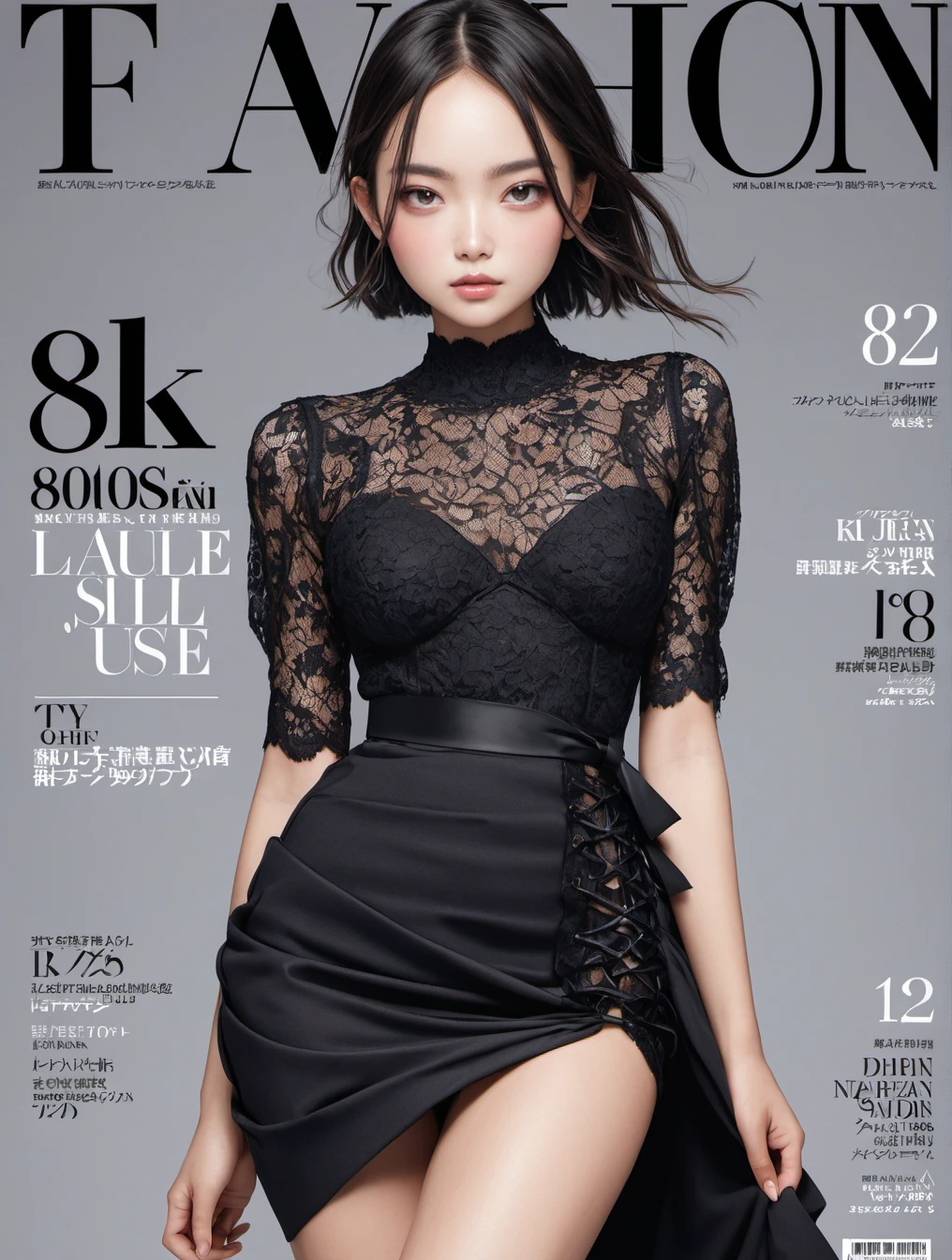 8k, RAW,natural skin,detailed skin,japanese girl,solo,Fashion magazine cover,fashion model, Black lace-up dress, cowboy shot, best quality