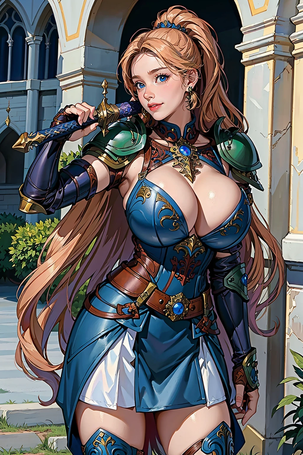 (masterpiece:1.2, best quality), (photorealistic:1.2, intricate details:1.2), Over_shoulder, 1girl, solo, sword, holding sword, ((sword over shoulder)), armor, shoulder armor, pauldrons, armored boots, vambrace, greaves, seductive smile, blush, (gothic castle), outdoor, ((huge breast))  <lora:Over_shoulder:0.6>