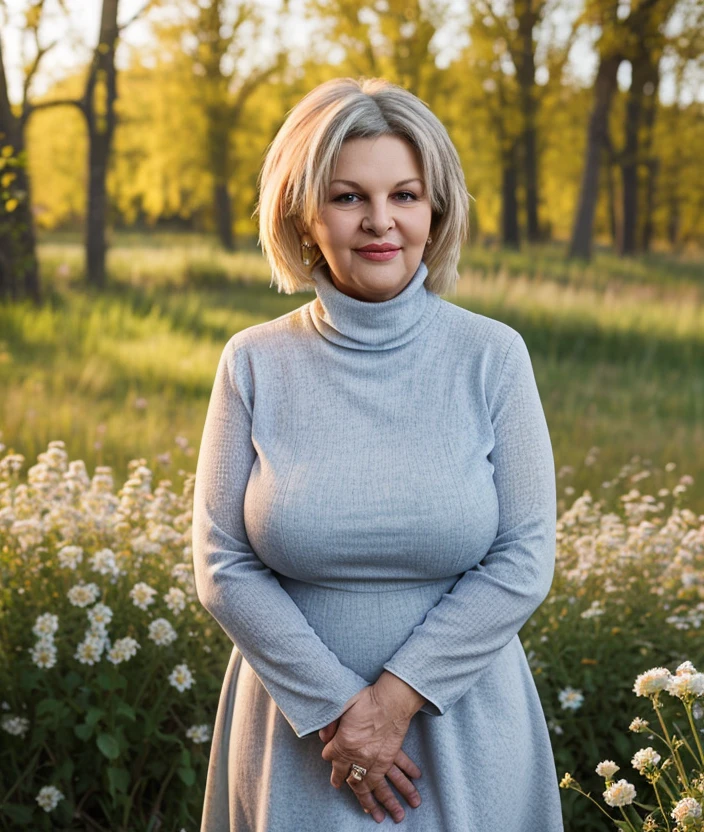 <i3r4m4>, ((nature background)), Ultra-HD-details, nature, upper body, smile, Flowers, breast, large breast, intricate, ((Soft Touch Turtleneck Dress))