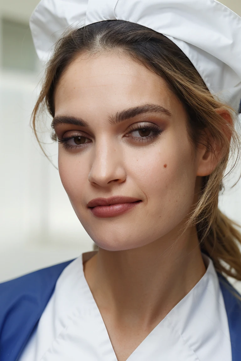 1girl, solo, portrait, nurse, white_scrub, smirk, hospital, blurry_background, bokeh, chromatic_aberration, depth_of_field, female focus, photorealistic, soft colors, masterpiece, high quality, (high detailed skin:1.1)
<lora:lily_james_lora_v01:1> lily89