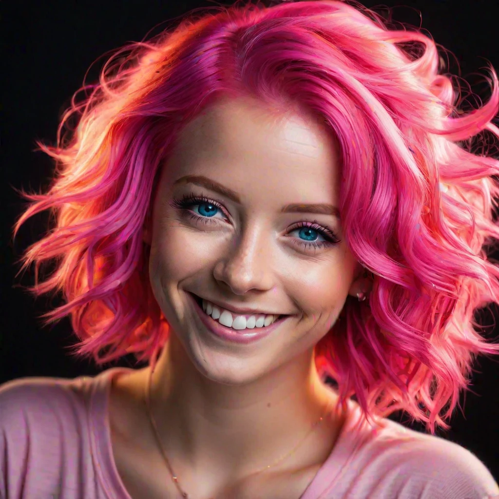 Smiling woman with pink hair and blue eyes in a dark room, with pink hair, wispy pink hair, flowing pink hair, pink hair, colorful portrait, bright pink face, cute girl with short pink hair, long flowing pink hair, red hair and attractive features, Bright hair, cute and smiling, light pink hair, light pink hair with pink flames, pink
