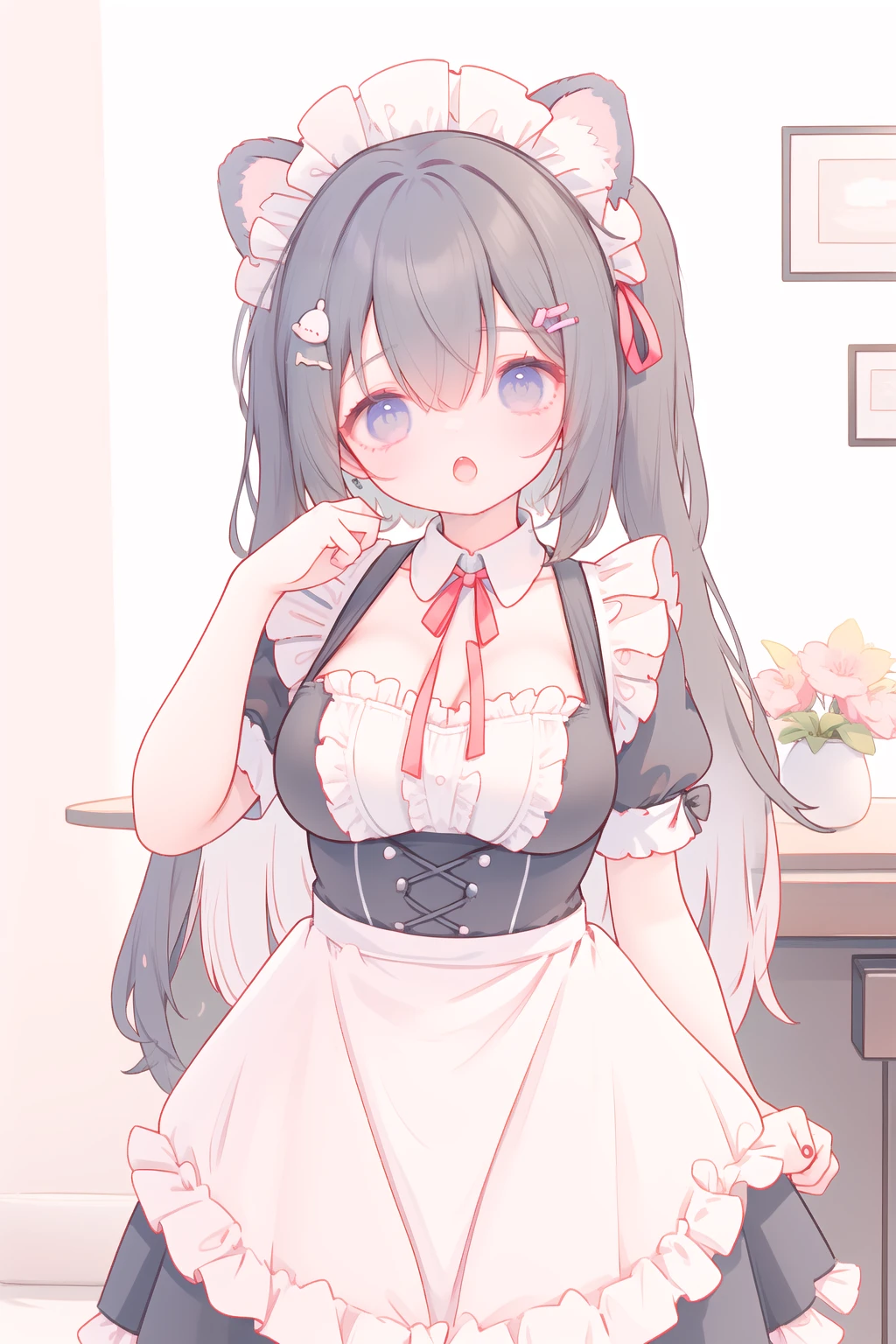 1girl,:o,animal_ears,apron,bangs,black_dress,black_hair,blush,breasts,brown_eyes,claw_pose,collar,dress,enmaided,eyebrows_visible_through_hair,frilled_apron,frills,hair_between_eyes,hair_ornament,hairclip,hand_up,large_breasts,long_hair,looking_at_viewer,maid,maid_apron,maid_headdress,nail_polish,open_mouth,ribbon,short_sleeves,solo,waist_apron,white_apron,