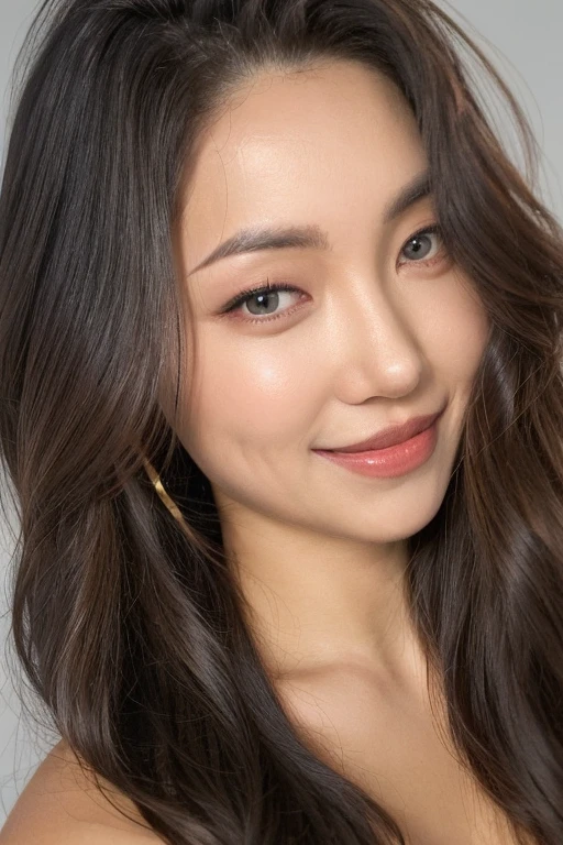 1girl, solo, long hair, looking at viewer, smile, brown hair, brown eyes, parted lips, simple gray background, lips, black dress. realistic,
<lora:deu512_2:1>