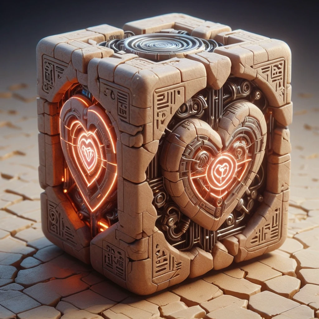 scifi, egyptTech, weighted_companion_cube, heart symbol, blurry_background, , hyper detailed