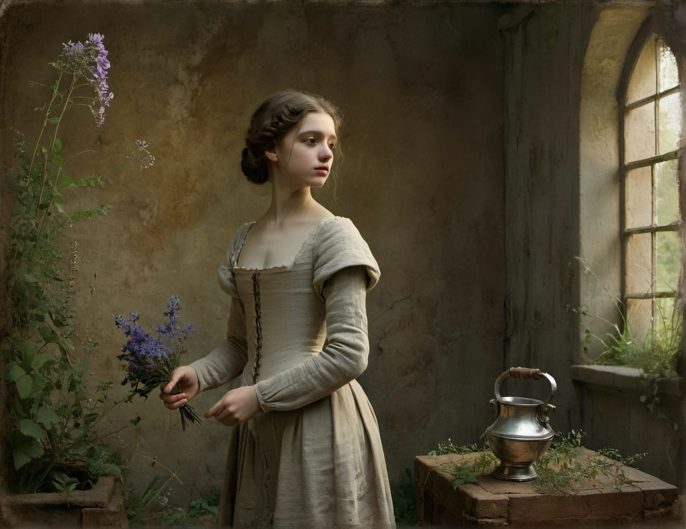 incredibly breathtaking photo characterized by exceptional realism and artistic appeal, (full body, low-key, sharp focus on subject, intricate environment scenery:1.1), sophisticated ([Spanish:Slavic:0.52] 21yo woman:1.15) with (perfect feminine anatomy:1.1) and (natural skin pigment:1.1), Inspiration John Everett, William Holman, Dante Gabriel, portrait of girl (Victorian beauty, pale, fragile), silver armor, intricate background, Leonardo da Vinci style landscape. Ocher tones, wild flowers, wild garden. Side lighting, Rembrandt lighting, immersive and captivating scene, awarded breathtaking masterpiece, (perfect feminine anatomy, perfect proportions, Perfect Hands:1.125), Sweeping cinematic lens flares, ultra crisp details, (f_stop 2.8), (focal_length 85mm f/2.8), flawlessly photographed, analog photo, masterpiece, high quality, physics simulation, (cgsociety, artstation, 8k:0.6), (red-gold-black:0.7)
