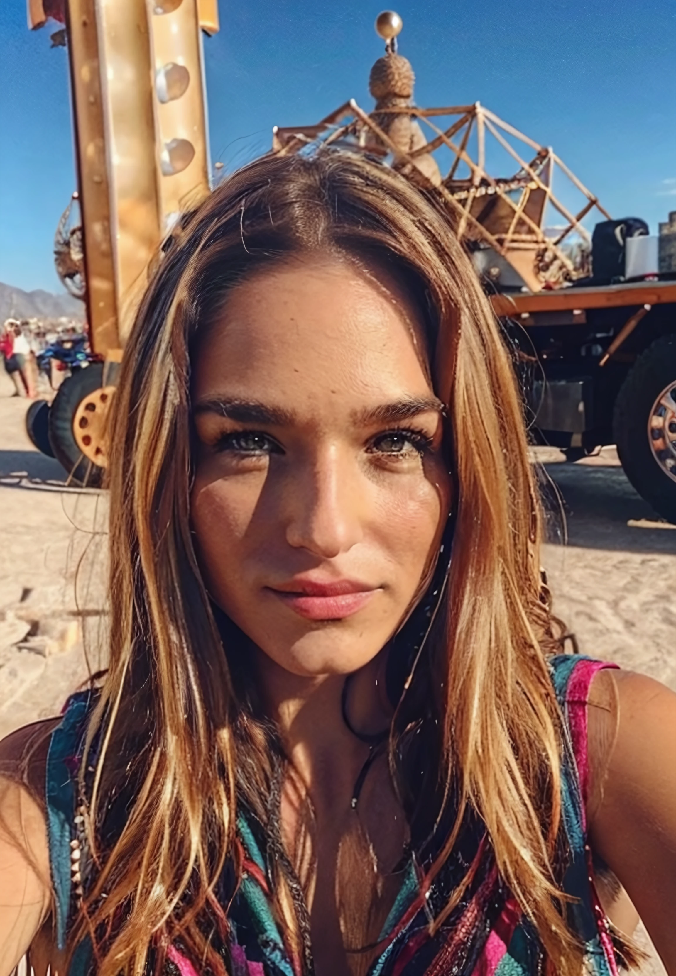 epost,  photograph, 8k, portrait, looking at viewer, blonde hair, parted lips, curly hair, at burning man, instagram selfie