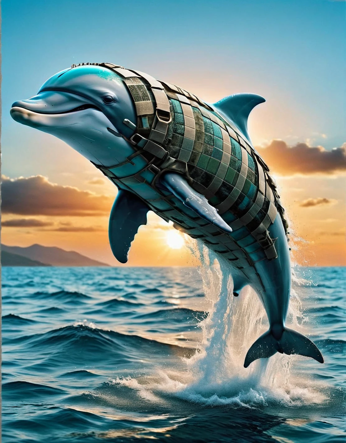 Playful ais-rmr dolphin leaping out of the turquoise sea at sunset <lora:ais-rmr-sdxl:1>â