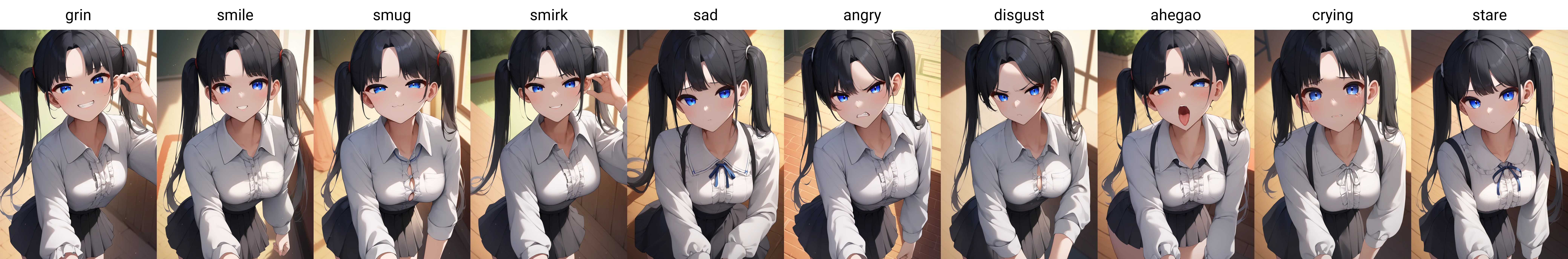 score_9, score_8_up, score_7_up, source_anime, 1girl,blue eyes,twintails, black hair, white blouse, black skirt, grin,looking at viewer, by nicorima <lora:Nicorima-Style-PonyXL:1>