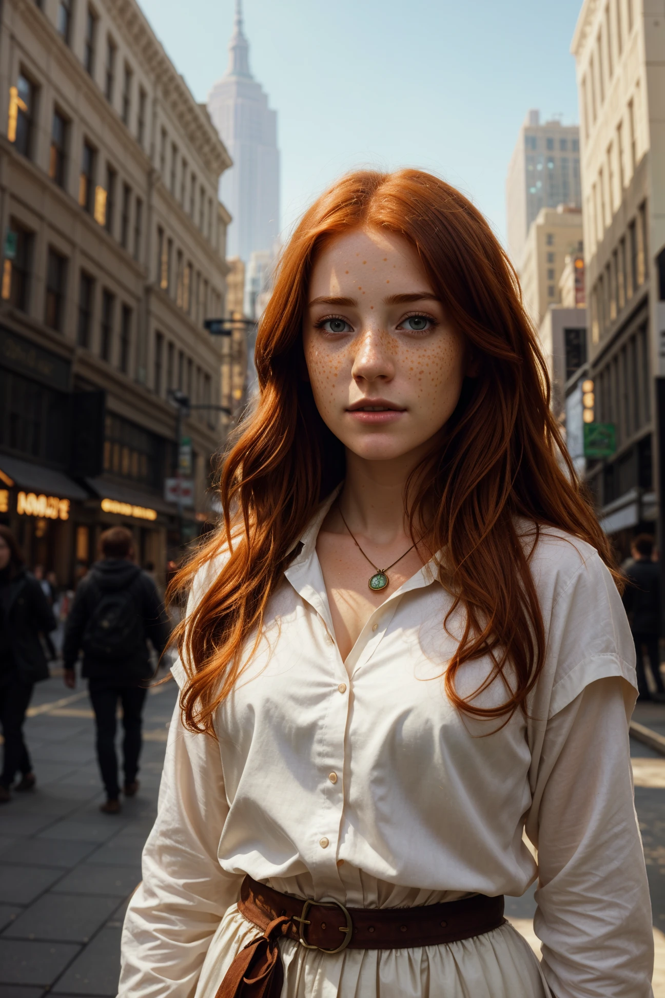 A woman, bttrfrckl, long flowing ginger hair, (closeup on her face:1.3), very fair pale skin, she's wearing a casual clothes, she's walking in the city of New York, detailed, hdr, epic background, line art, digital illustration, comic style, dynamic, highly detailed, artstation, concept art, smooth, sharp focus, illustration, Thomas Moran style, art by Carne Griffiths and Wadim Kashin, detailed background, 60-30-10 color rule, warm tones, godrays, unreal engine, greg rutkowski, loish, rhads, beeple, makoto shinkai and lois van baarle, ilya kuvshinov, rossdraws, tom bagshaw, alphonse mucha, global illumination, detailed and intricate environment