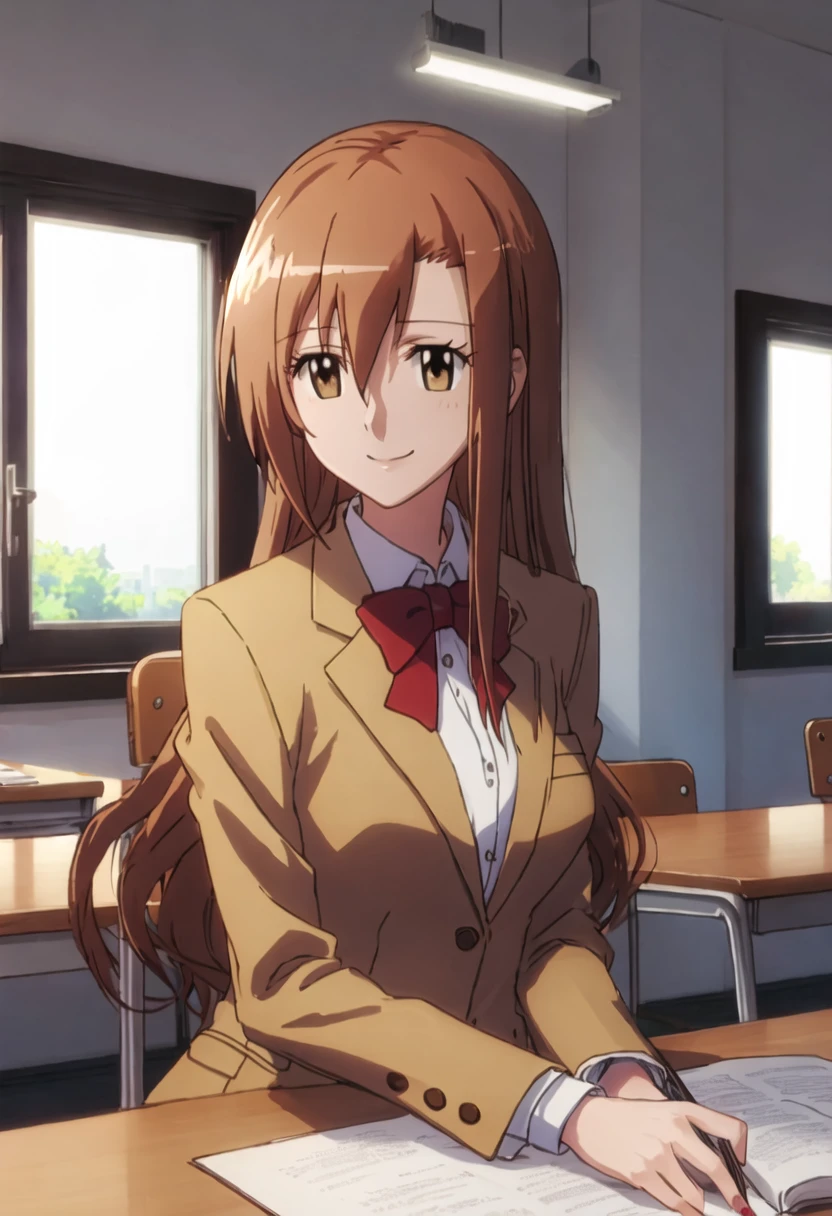 best quality, masterpiece, highres, solo, {shichijou_aria_seitokaiyakuindomo:0.90}, 1girl, blazer, chair, school_uniform, sitting, red_bowtie, smile, upper_body